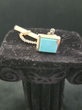 Vintage Gold-Tone Square Turquoise Tie Tack / Lapel Pin with Guard Chain